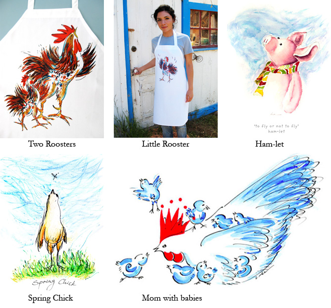 These unisex full size bib aprons (28''x30'' long) are perfect for that favorite chef or grillmaster, 100% spun polyester, machine wash. Choose one of the unique drawings: 'Two Roosters', 'Little Rooster', 'Mom with babies', 'Spring chick' and 'Ham-let' the little piglet.