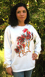 Two Roosters Long Sleeve T-shirt. Original drawing of Iren's gorgeous chicks on  comfortable Long Sleeve T-shirts, so soft some customers like to wear them to bed. Cotton inside and polyester out, machine wash.