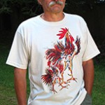 Two Roosters short sleeve T-shirt. Color: November white. Original drawing of Iren’s gorgeous chicks on  light and durable Vapor T-shirts, moisture wicking and fast drying, perfect for sports or everyday use. Spun poly with the feel of cotton. Machine wash.