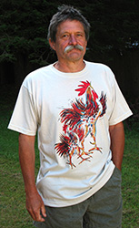 Two Roosters short sleeve  T-shirt. Color: November white. Original drawing of Iren’s gorgeous chicks on  light and durable Vapor T-shirts, moisture wicking and fast drying, perfect for sports or everyday use. Spun poly with the feel of cotton. Machine wash.